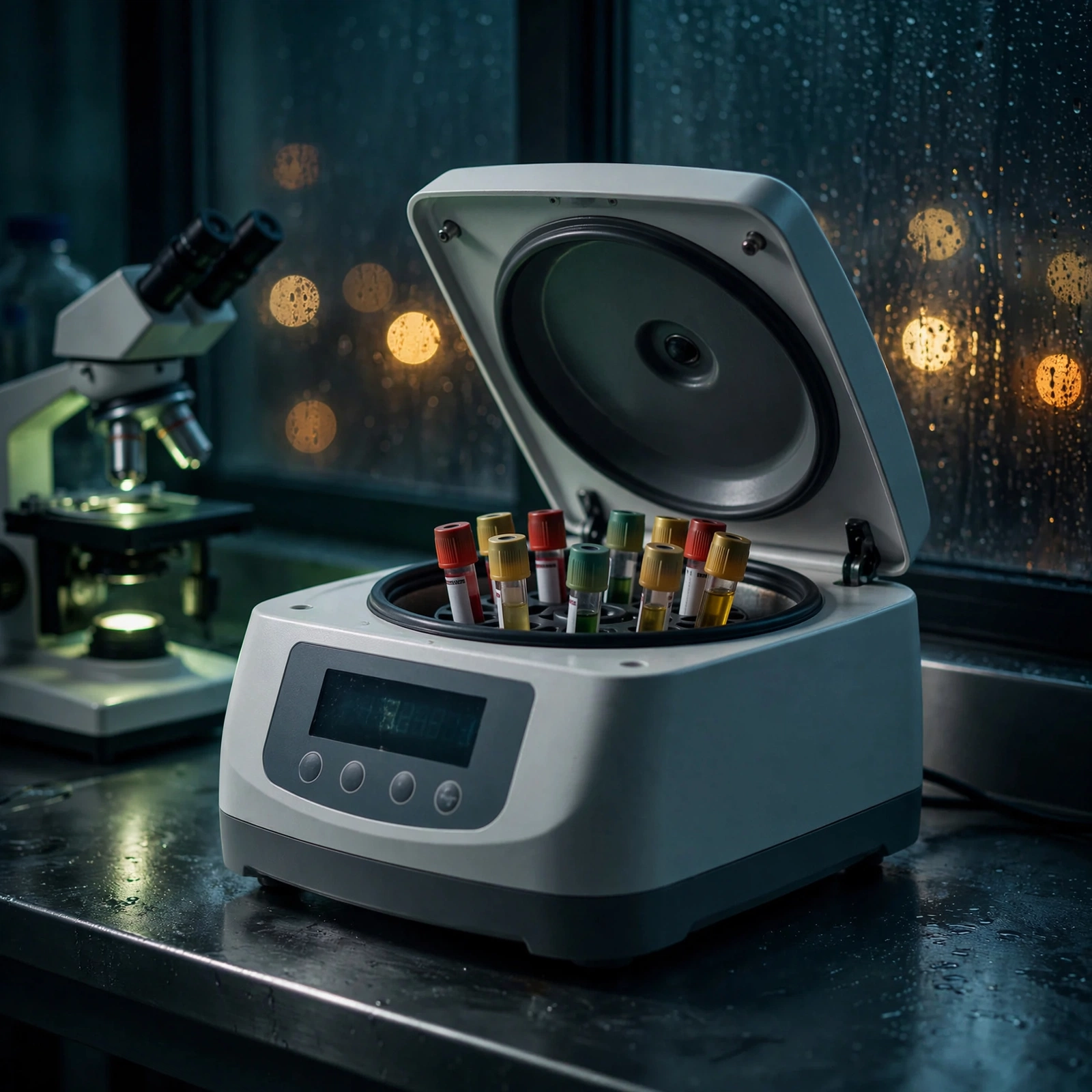 A modern laboratory centrifuge at night