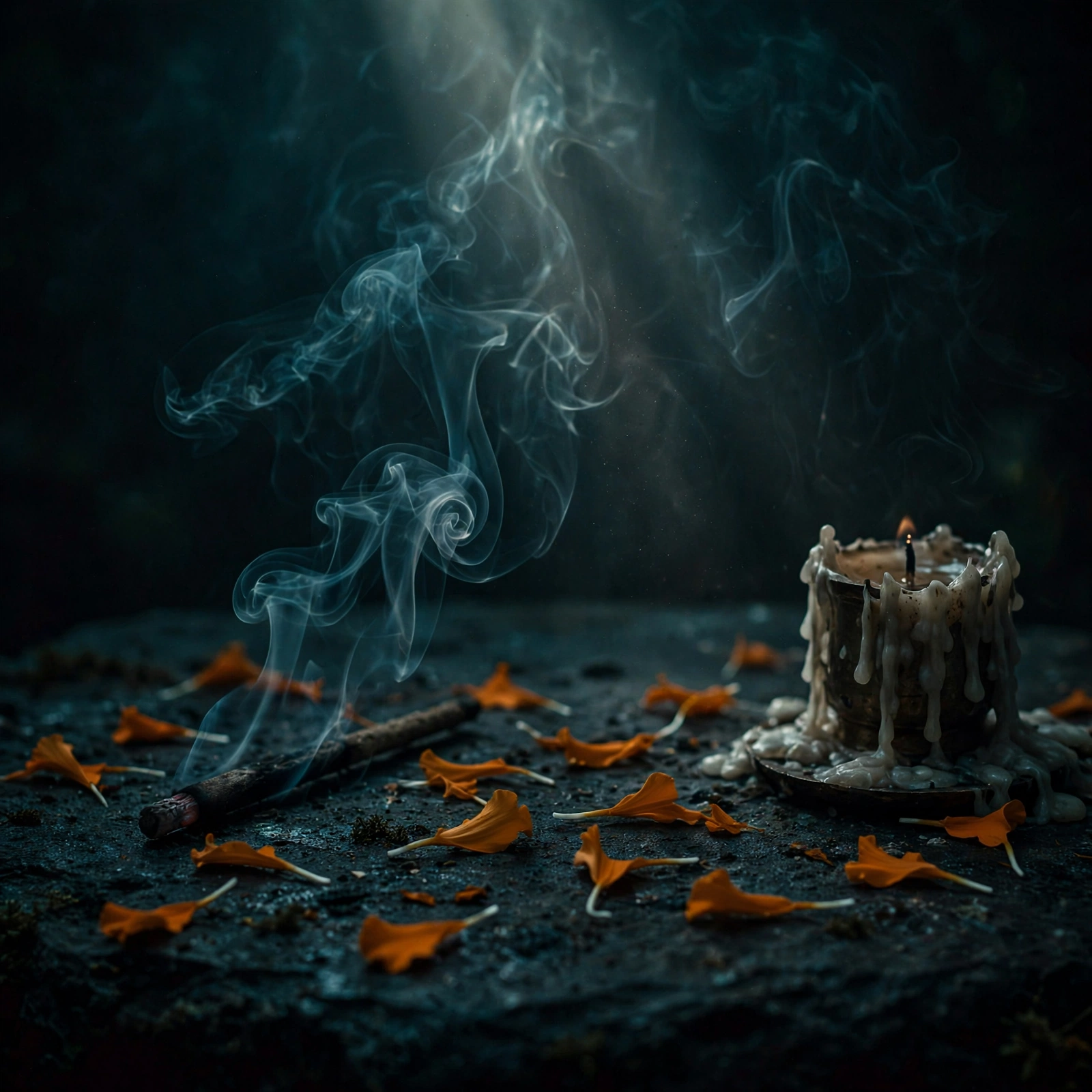 Marigold petals, a candle, and incense smoke