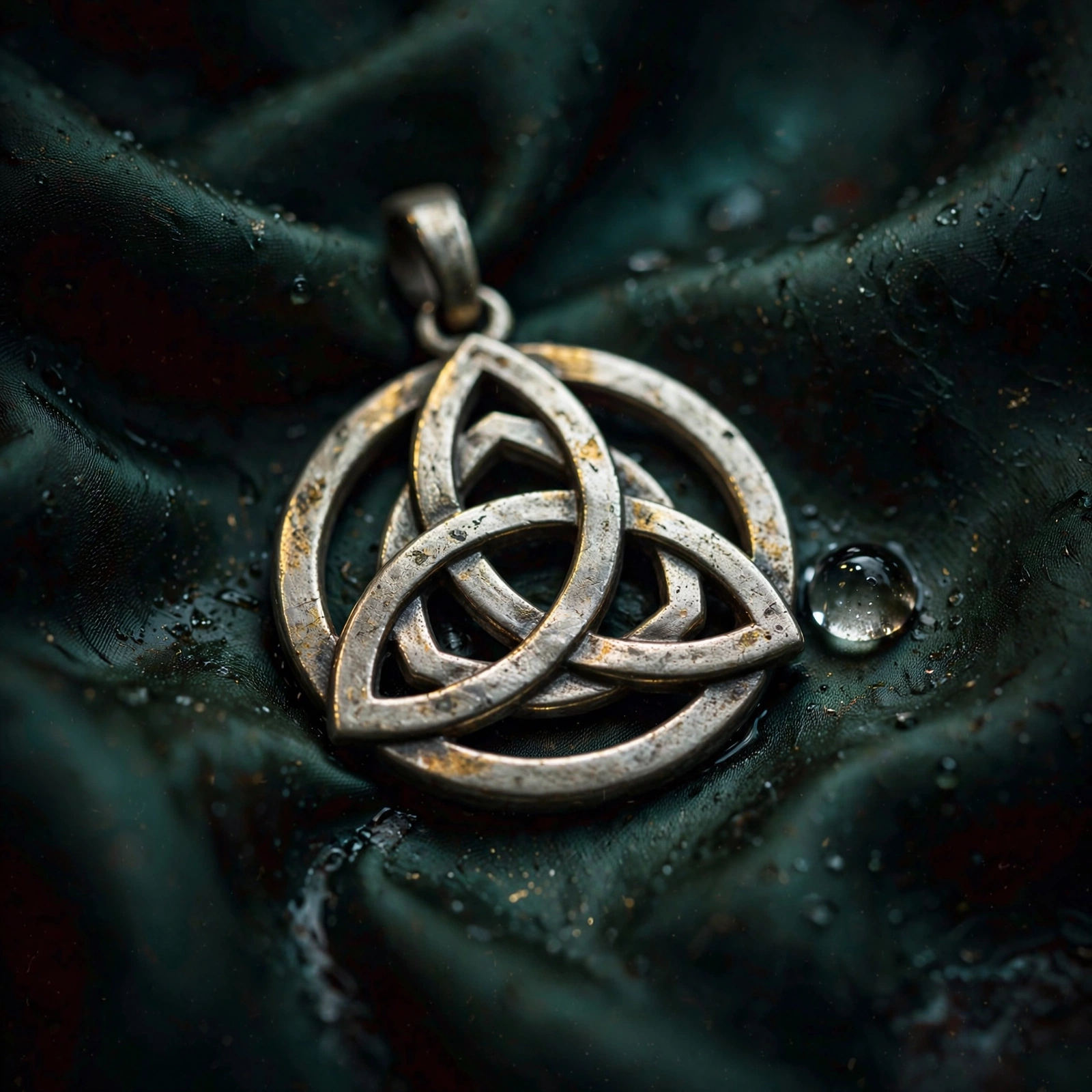 A silver triquetra pendant on dark silk