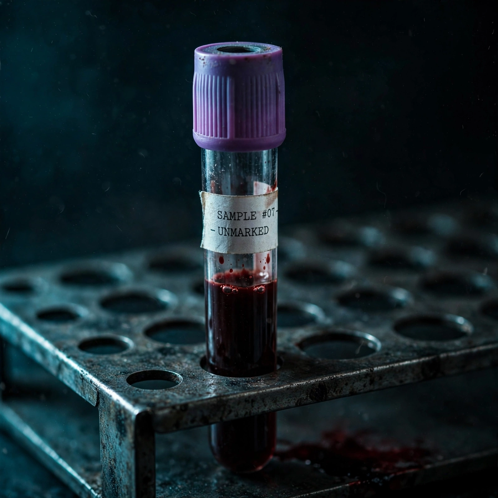 A single labelled blood sample in an empty rack